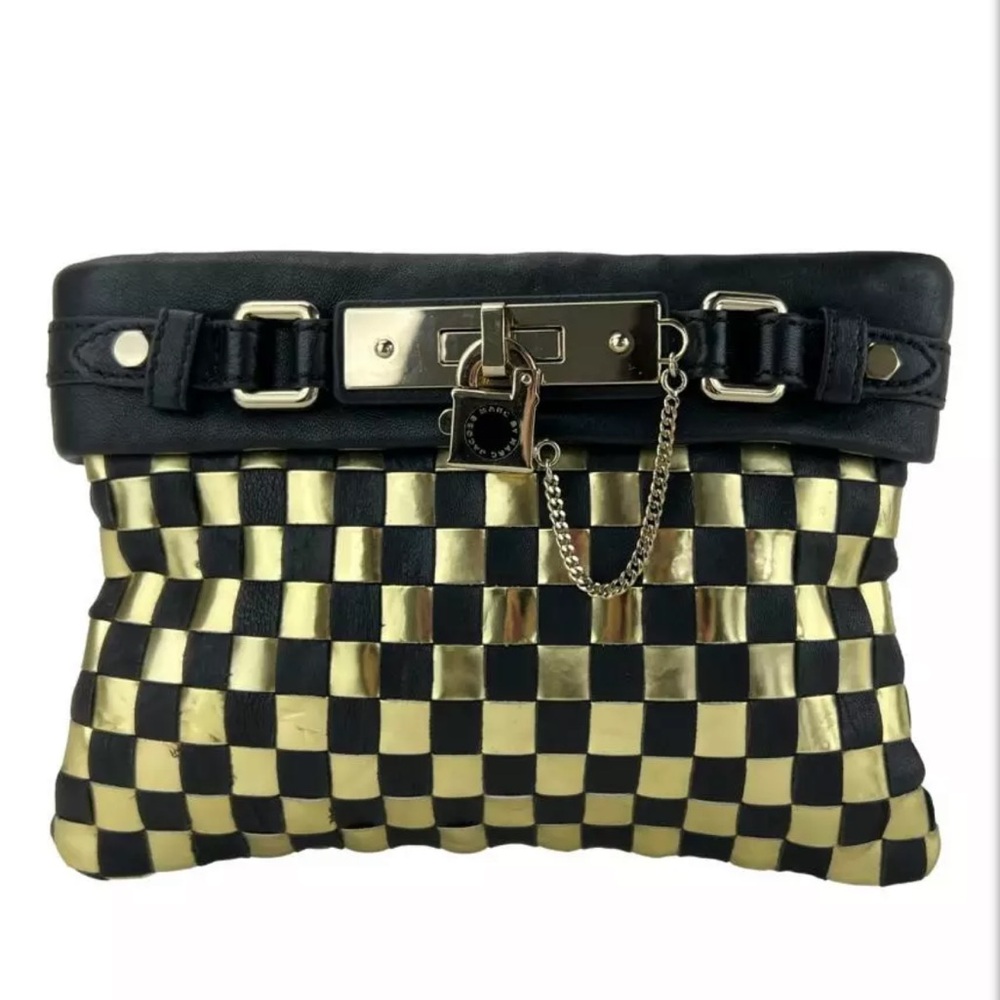 MARC BY MARC JACOBS GOLD BLACK WOVEN LEATHER PADLOCK CLUTCH BAG PURSE WRISTLET